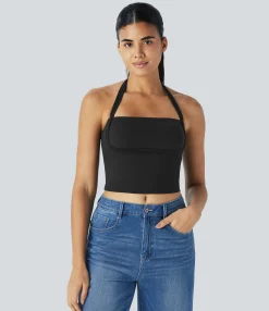 Tank Tops & Camis|Casual Tops<HALARA Halter Tie Back Cropped Casual Tank Top