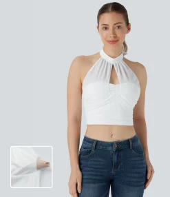 Casual Tops<HALARA Halter Tie Back Cut Out Contrast Mesh Cropped Casual Top
