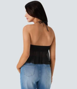 Casual Tops|Tank Tops & Camis<HALARA Halter Tie Back Ruched Mesh Ruffle Hem Casual Tank Top