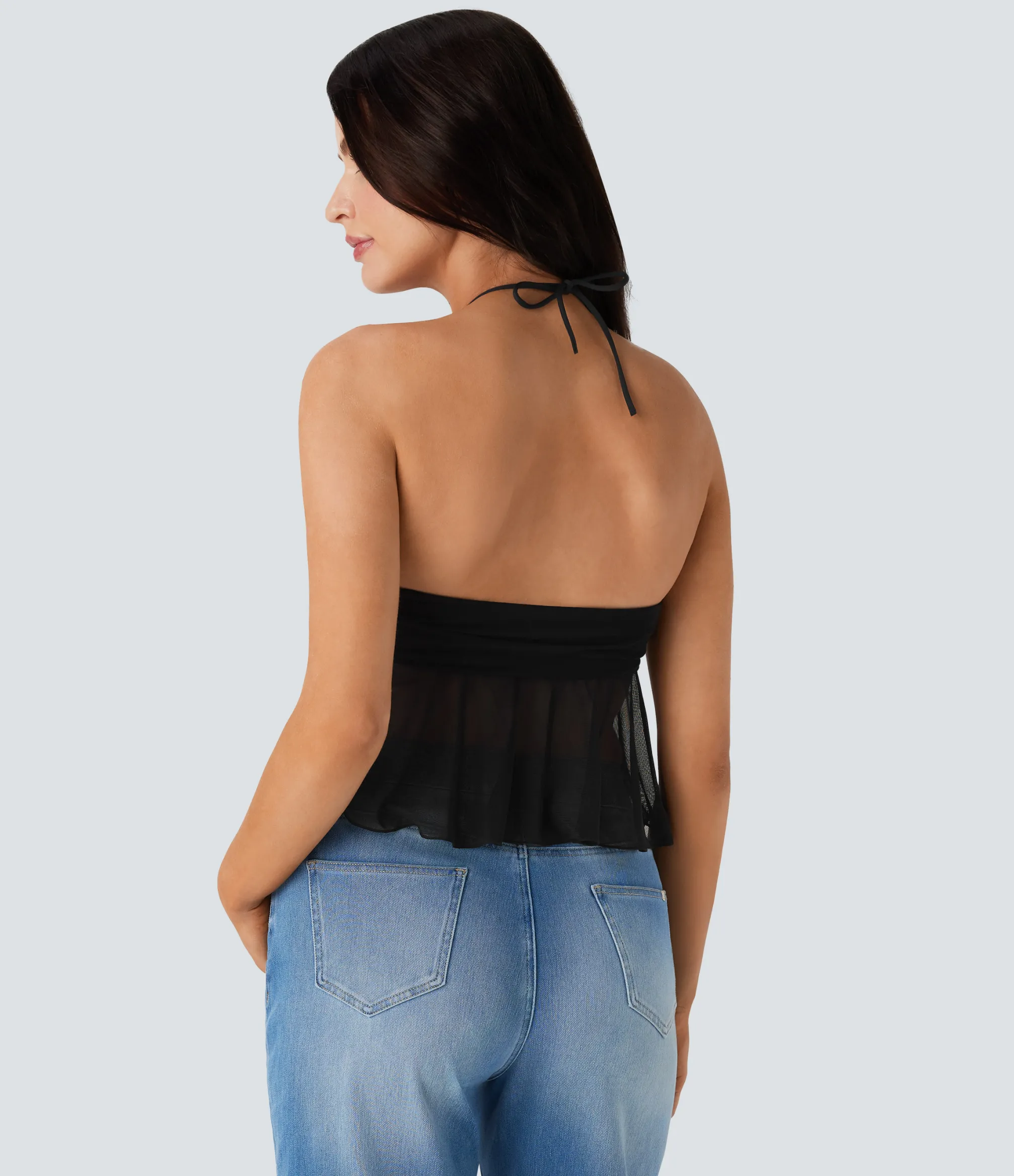 Casual Tops|Tank Tops & Camis<HALARA Halter Tie Back Ruched Mesh Ruffle Hem Casual Tank Top