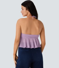 Casual Tops|Tank Tops & Camis<HALARA Halter Tie Back Ruched Mesh Ruffle Hem Casual Tank Top