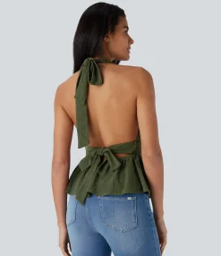 Casual Tops<HALARA Halter Tie Back Ruffle Hem Casual Top