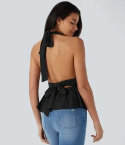 Casual Tops<HALARA Halter Tie Back Ruffle Hem Casual Top