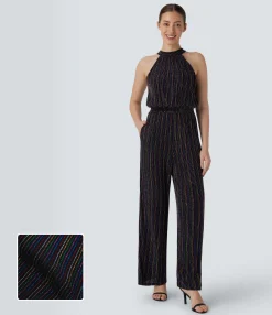 Jumpsuits<HALARA Halter Tie Back Sleeveless Pocket Metallic Stripe Casual Jumpsuit