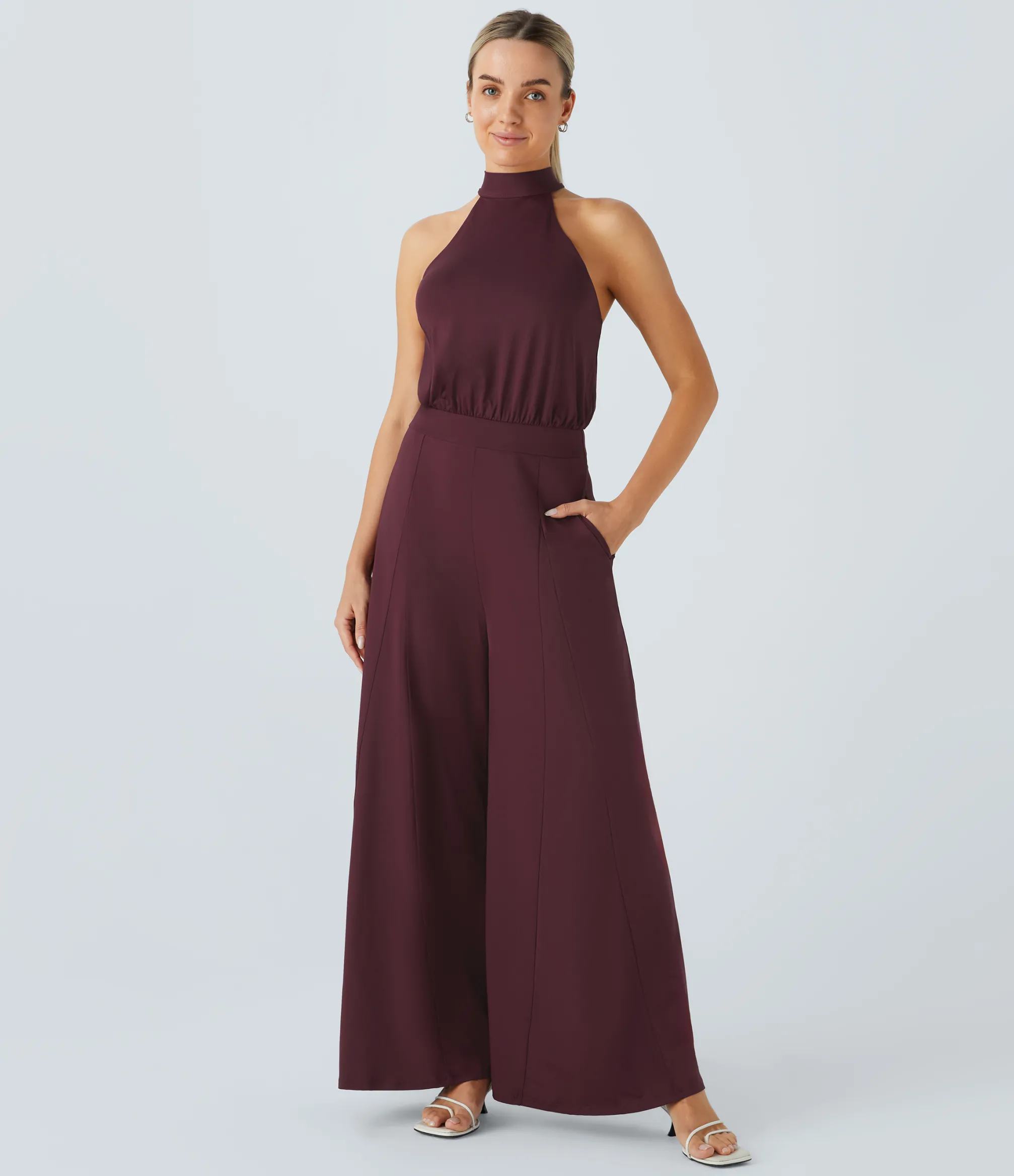 Jumpsuits<HALARA Halter Tie Pocket Wide Leg Jumpsuit