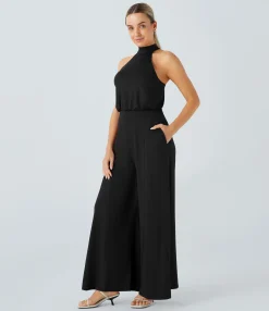 Jumpsuits<HALARA Halter Tie Pocket Wide Leg Jumpsuit
