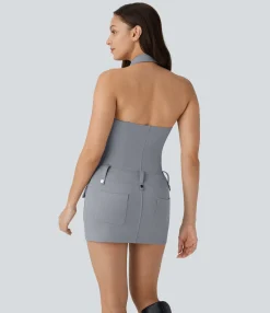 Party Dresses|Bodycon Dresses<HALARA Halter V Neck Zipper Pockets Bodycon Micro Mini Dress