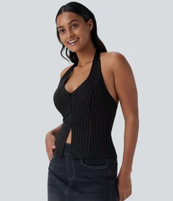 Casual Tops<HALARA Halter 2-Way Zipper Cool Touch Stripe Casual Top