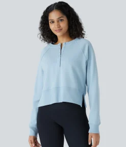 Sweatshirts & Hoodies<HALARA Henley Neck Front Long Sleeve Ribbed Hem Casual Sweatshirt