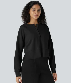Sweatshirts & Hoodies<HALARA Henley Neck Front Long Sleeve Ribbed Hem Casual Sweatshirt