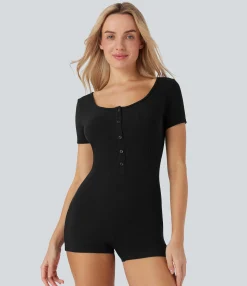 Jumpsuits<HALARA Henley Neck Short Sleeve Casual Romper