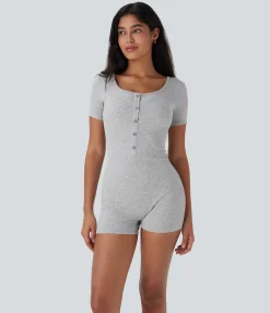 Jumpsuits<HALARA Henley Neck Short Sleeve Casual Romper