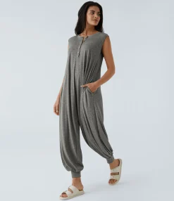 Jumpsuits<HALARA Henley Neck Sleeveless Pocket Relax Harem Jumpsuit