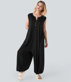 Jumpsuits<HALARA Henley Neck Sleeveless Pocket Relax Harem Jumpsuit