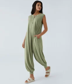 Jumpsuits<HALARA Henley Neck Sleeveless Pocket Relax Harem Jumpsuit