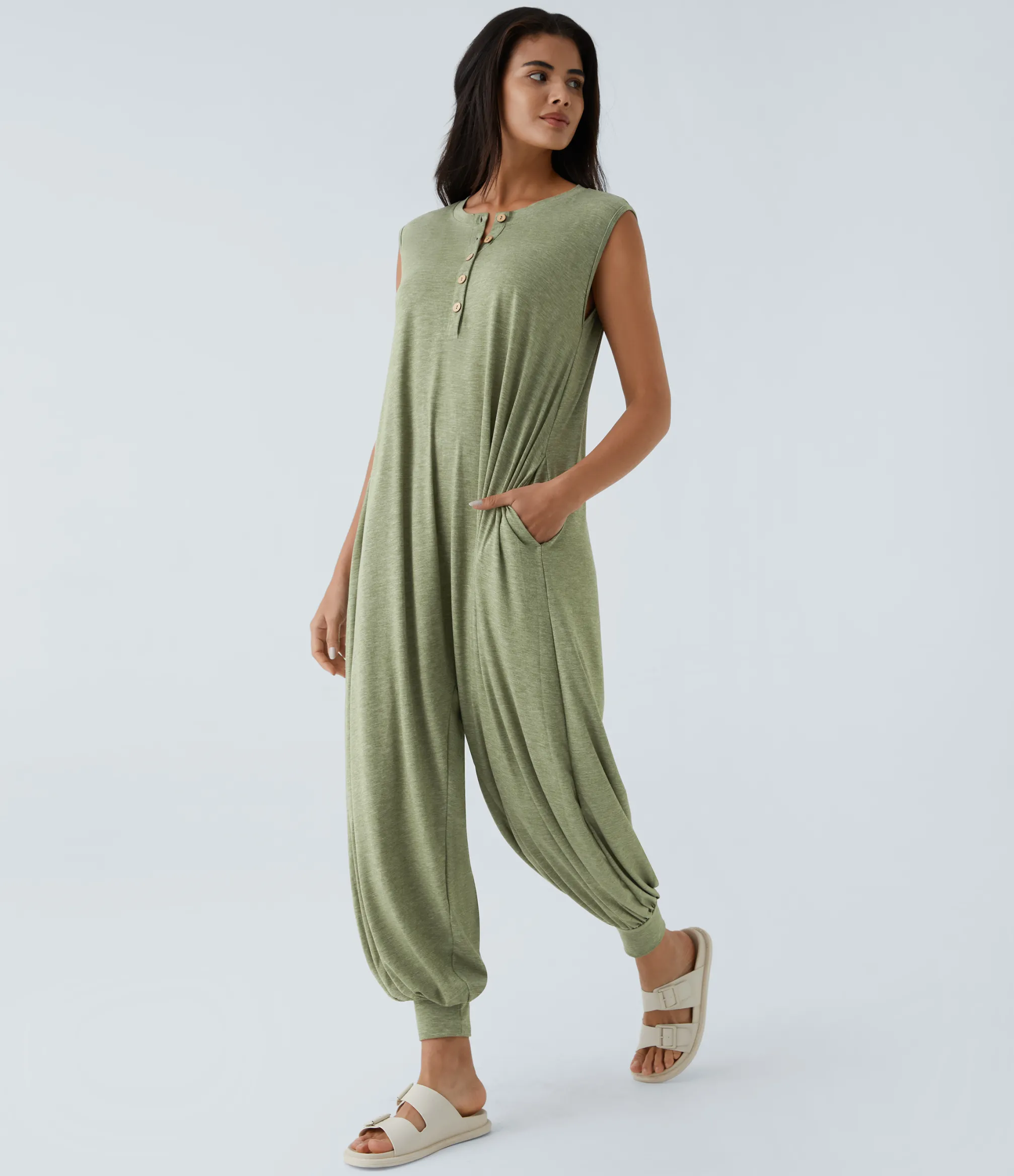Jumpsuits<HALARA Henley Neck Sleeveless Pocket Relax Harem Jumpsuit