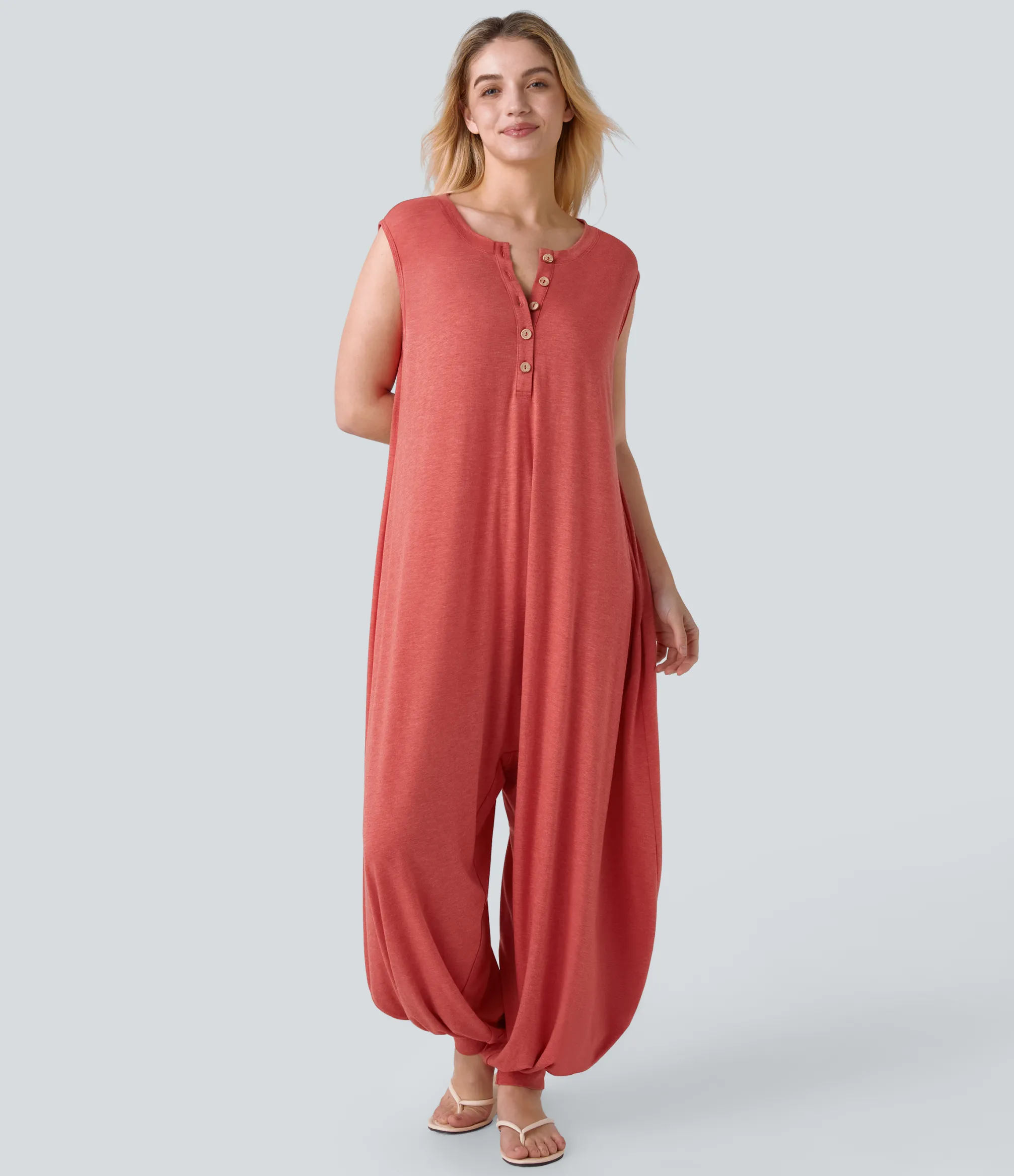 Jumpsuits<HALARA Henley Neck Sleeveless Pocket Relax Harem Jumpsuit