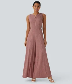 Jumpsuits<HALARA Henley Neck Sleeveless Wide Leg Flowy Casual Jumpsuit with Pockets