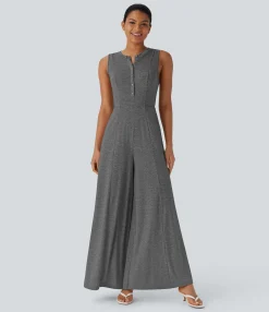 Jumpsuits<HALARA Henley Neck Sleeveless Wide Leg Flowy Casual Jumpsuit with Pockets