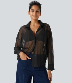 Casual Tops|Shirts Blouses<HALARA High Low Curved Hem Sheer Mesh Oversize Casual Shirt