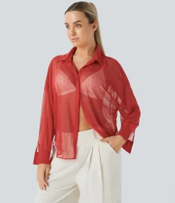 Casual Tops|Shirts Blouses<HALARA High Low Curved Hem Sheer Mesh Oversize Casual Shirt