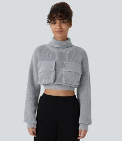 Sweaters<HALARA High Neck Dropped Shoulder Flap Pocket Cropped Casual Sweater