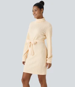 Bodycon Dresses|Mini Dresses<HALARA High Neck Long Sleeve Belted Knitted Bodycon Mini Casual Dress