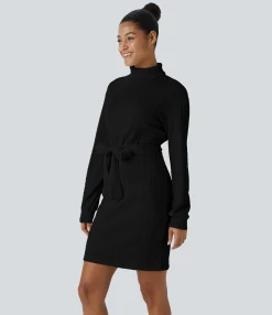 Bodycon Dresses|Mini Dresses<HALARA High Neck Long Sleeve Belted Knitted Bodycon Mini Casual Dress