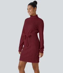 Bodycon Dresses|Mini Dresses<HALARA High Neck Long Sleeve Belted Knitted Bodycon Mini Casual Dress