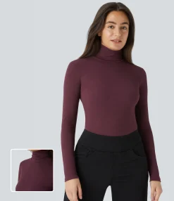 Casual Tops<HALARA High Neck Long Sleeve Curved Hem Slim Waffle Casual Top