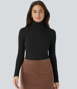 Casual Tops<HALARA High Neck Long Sleeve Curved Hem Slim Waffle Casual Top