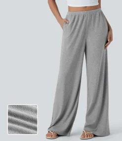 Wide-Leg Pants|Pants<HALARA High Stretch Ribbed Low Rise Drawstring Wide Leg Flowy Casual Pants with Pockets
