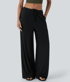 Wide-Leg Pants|Pants<HALARA High Stretch Ribbed Low Rise Drawstring Wide Leg Flowy Casual Pants with Pockets