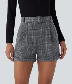 Shorts<HALARA High Waisted Belted Pocket Rolled Hem Houndstooth Plaid Work Shorts