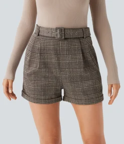 Shorts<HALARA High Waisted Belted Pocket Rolled Hem Houndstooth Plaid Work Shorts
