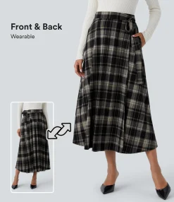 Maxi & Midi Skirts|Skirts<HALARA High Waisted Belted Wrapped Pocket Plaid Midi Work Skirt-Front and Back Wearable