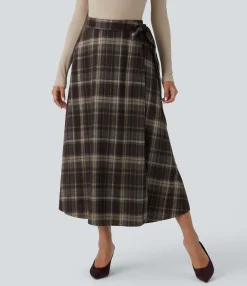 Maxi & Midi Skirts|Skirts<HALARA High Waisted Belted Wrapped Pocket Plaid Midi Work Skirt-Front and Back Wearable