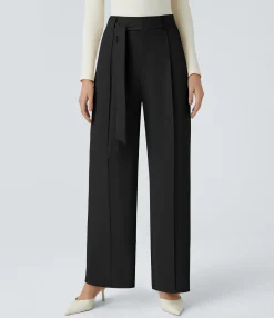 High-Waisted Pants|Wide-Leg Pants<HALARA High Waisted Belted Zipper Pocket Wide Leg Work Pants