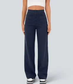 High-Waisted Pants|Straight-Leg Pants<HALARA High Waisted Button Multiple Pockets Straight Leg Casual Pants