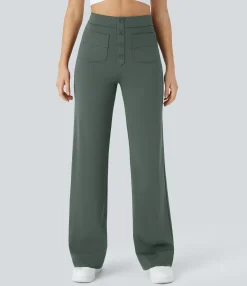 High-Waisted Pants|Straight-Leg Pants<HALARA High Waisted Button Multiple Pockets Straight Leg Casual Pants