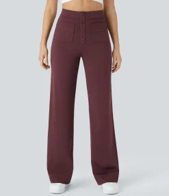 High-Waisted Pants|Straight-Leg Pants<HALARA High Waisted Button Multiple Pockets Straight Leg Casual Pants
