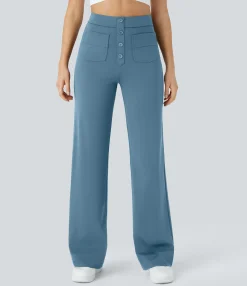 High-Waisted Pants|Straight-Leg Pants<HALARA High Waisted Button Multiple Pockets Straight Leg Casual Pants