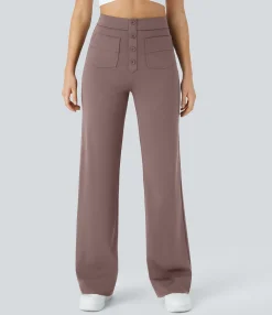 High-Waisted Pants|Straight-Leg Pants<HALARA High Waisted Button Multiple Pockets Straight Leg Casual Pants