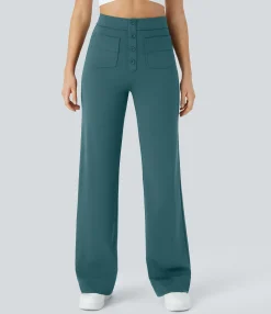 High-Waisted Pants|Straight-Leg Pants<HALARA High Waisted Button Multiple Pockets Straight Leg Casual Pants