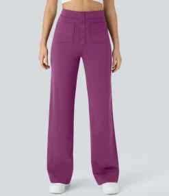 High-Waisted Pants|Straight-Leg Pants<HALARA High Waisted Button Multiple Pockets Straight Leg Casual Pants