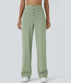 High-Waisted Pants|Straight-Leg Pants<HALARA High Waisted Button Multiple Pockets Straight Leg Casual Pants