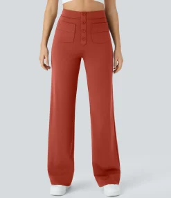 High-Waisted Pants|Straight-Leg Pants<HALARA High Waisted Button Multiple Pockets Straight Leg Casual Pants
