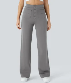 High-Waisted Pants|Straight-Leg Pants<HALARA High Waisted Button Multiple Pockets Straight Leg Casual Pants
