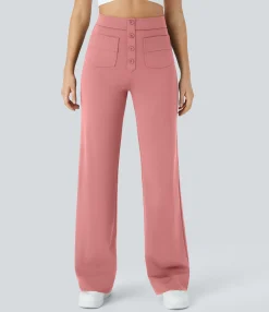 High-Waisted Pants|Straight-Leg Pants<HALARA High Waisted Button Multiple Pockets Straight Leg Casual Pants