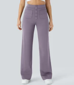 High-Waisted Pants|Straight-Leg Pants<HALARA High Waisted Button Multiple Pockets Straight Leg Casual Pants